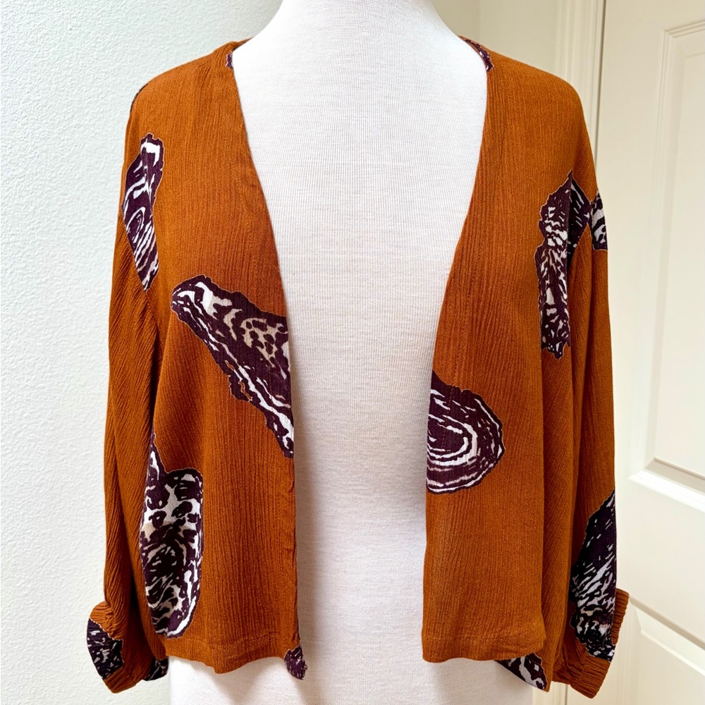 Anthropologie Bel Kazan Open-Front Rust Brown Printed Lightweight Layer Cardigan - Picture 2 of 7